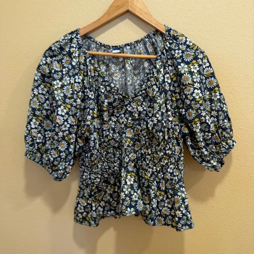 Old Navy Blue Cotton Floral Puff Sleeve Blouse Top Medium